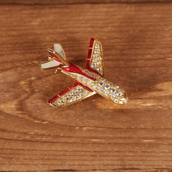 Swarovski Jewelry - SWAROVSKI CRYSTAL AIRPLANE PIN~BROOCH 22KT GOLD PLATING -RETIRED Signed -VTG